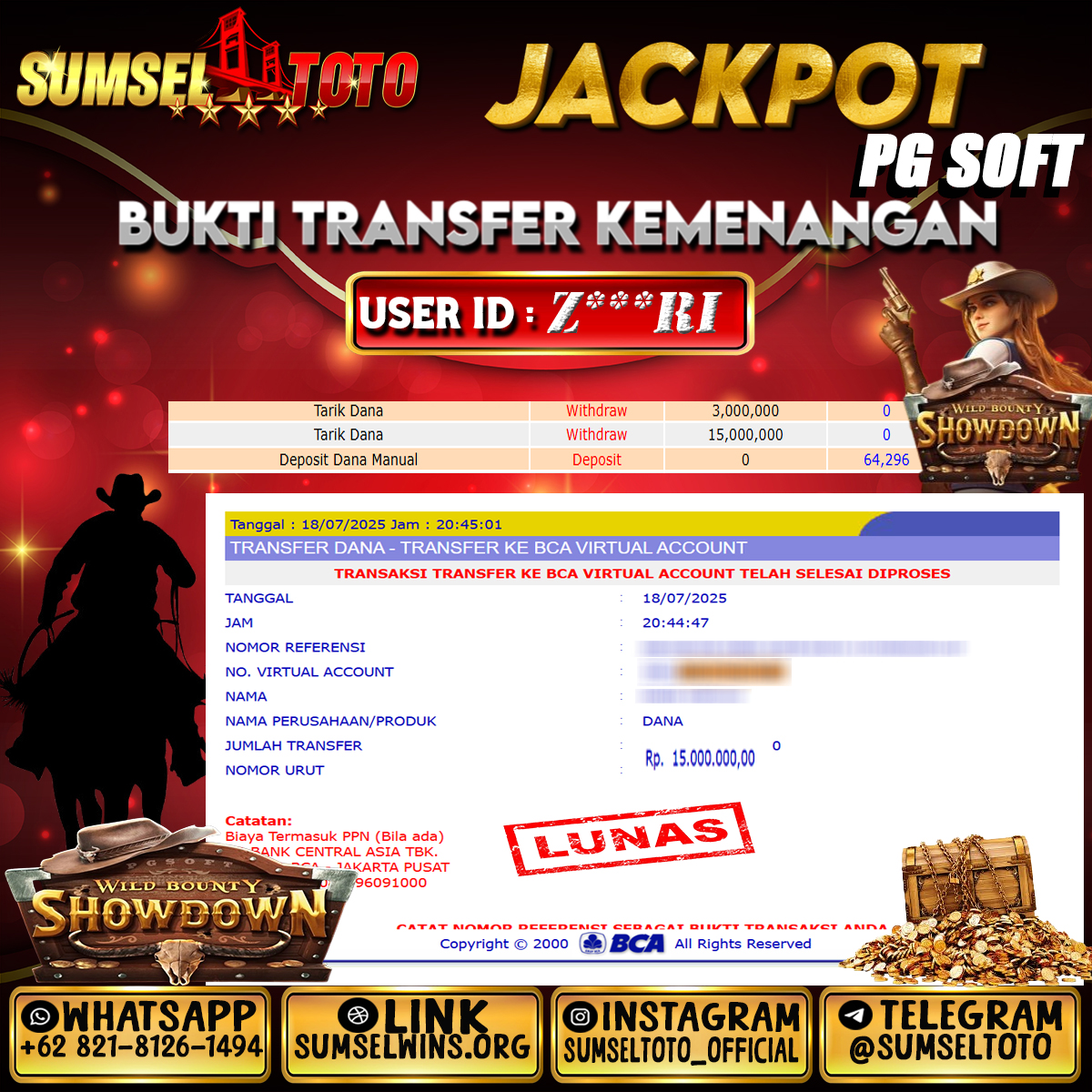SUMSELTOTO JACKPOT WILD BOUNTY SHOWDOWN  Rp.15,000,000.,- LUNAS